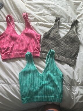 Ribbed V-Neck Crop Tank Top Bras - Pink, Green, Teal